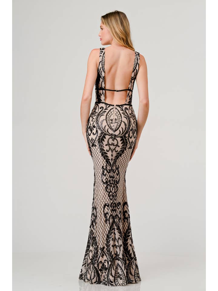 Lovesome - Wholesale Gown - Women's - CD40911: SEQUIN PLUNGING V-NECK MERMAID MAXI DRESS