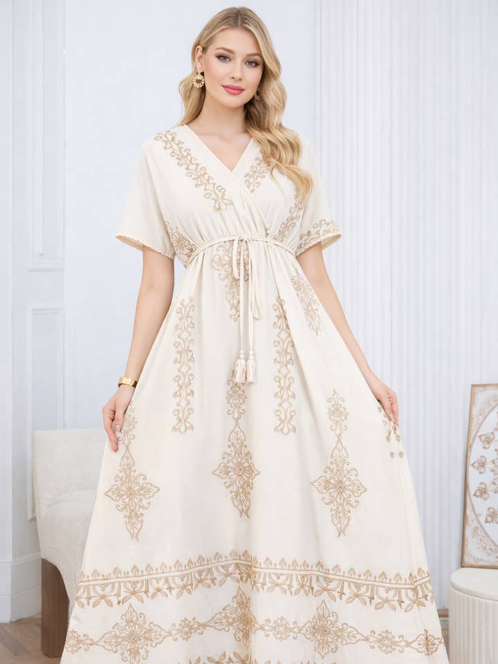 Vestido midi bohemio bordado con cinturón de lino mezclado para venta al por mayor de Lucy Sparks