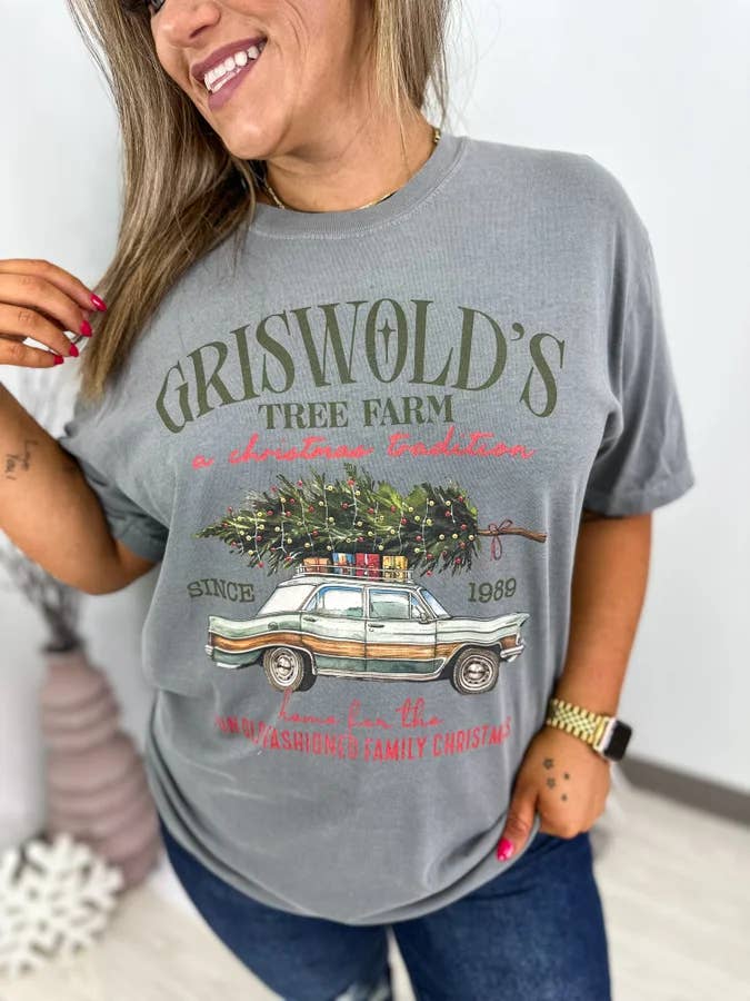 birdie - Wholesale Screen Printed T-Shirt - Women's - Griswold's Tree Farm Gray Graphic Tee