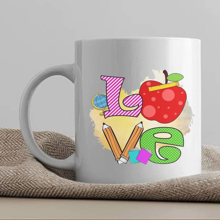Teacher Love Mug Apples and school supplies for wholesale by Seven77nine