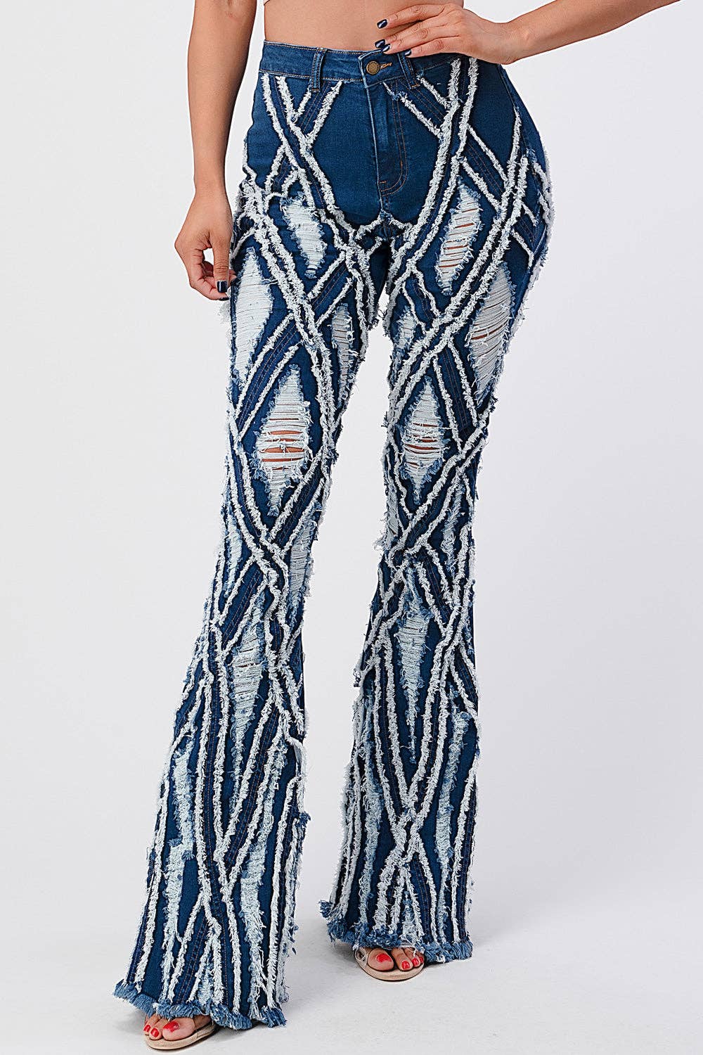 Md Blue Diamond Destroyed Flare Denim Jeans for wholesale on Faire5