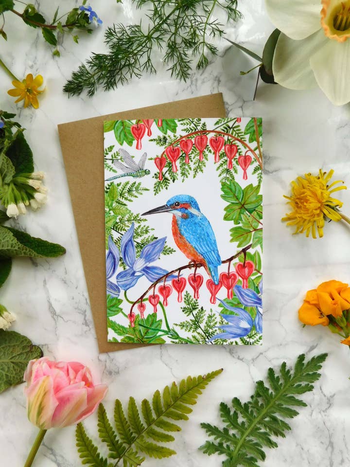 Kingfisher and Flowers Greetings Card for wholesale by Mystical Sky Studio