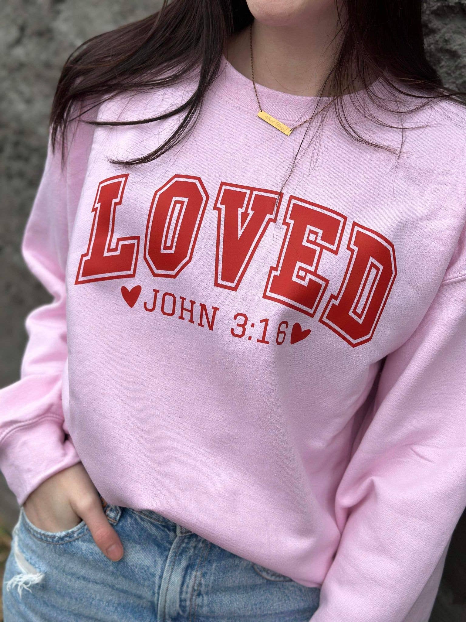 Adelle Linen - Wholesale Graphic Sweatshirt - Women's - Loved John 3:16 Pink Sweatshirt1