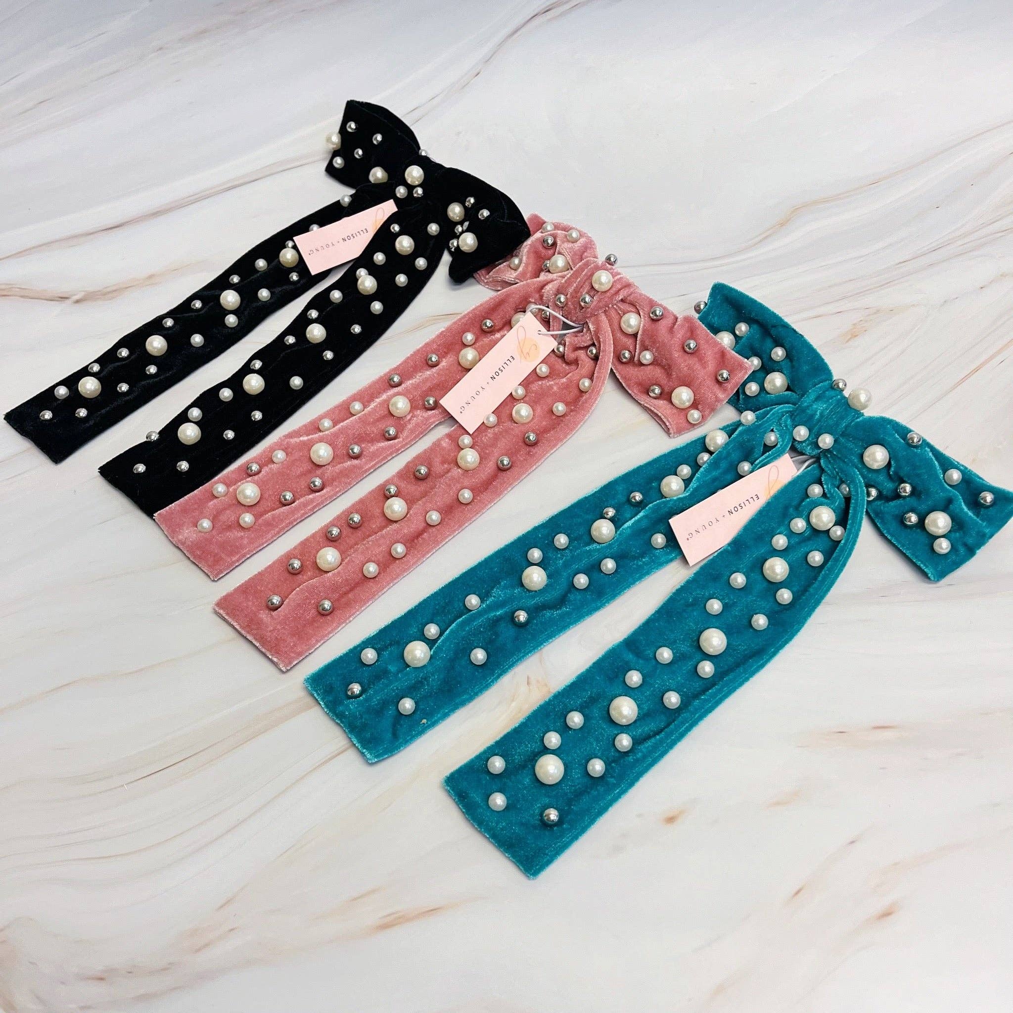 Ellison+Young - Wholesale Hair Clip - Women's - Pearl Throwed Velvet Bow Hair Clip6