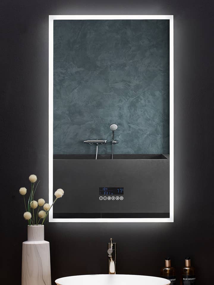 Immersion LED Lighted Bathroom Vanity Mirror with Bluetooth, Defogger, and Digital Display for wholesale by Ancerre Designs