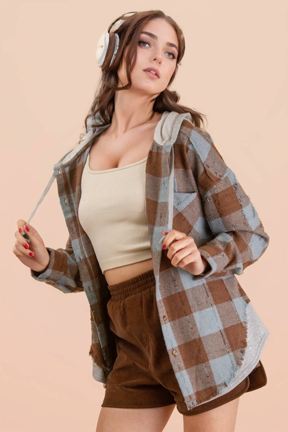 VERY J - Wholesale Jacket - Women's - NT12253-Oversized Flannel Hooded Button Down Jacket22