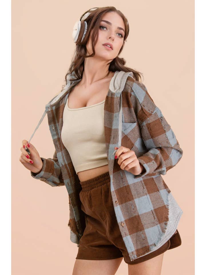 VERY J - Wholesale Jacket - Women's - NT12253-Oversized Flannel Hooded Button Down Jacket22
