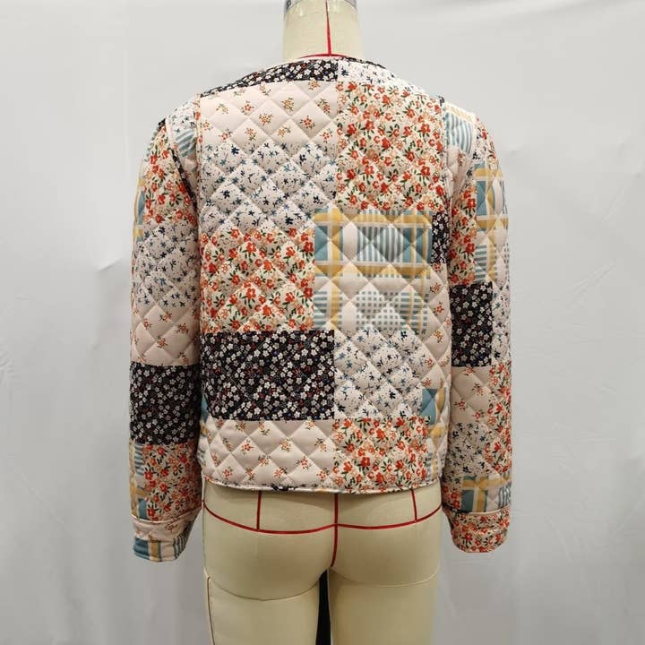 Apricot Floral Color Blocks Print Quilted Jacket for wholesale on Faire