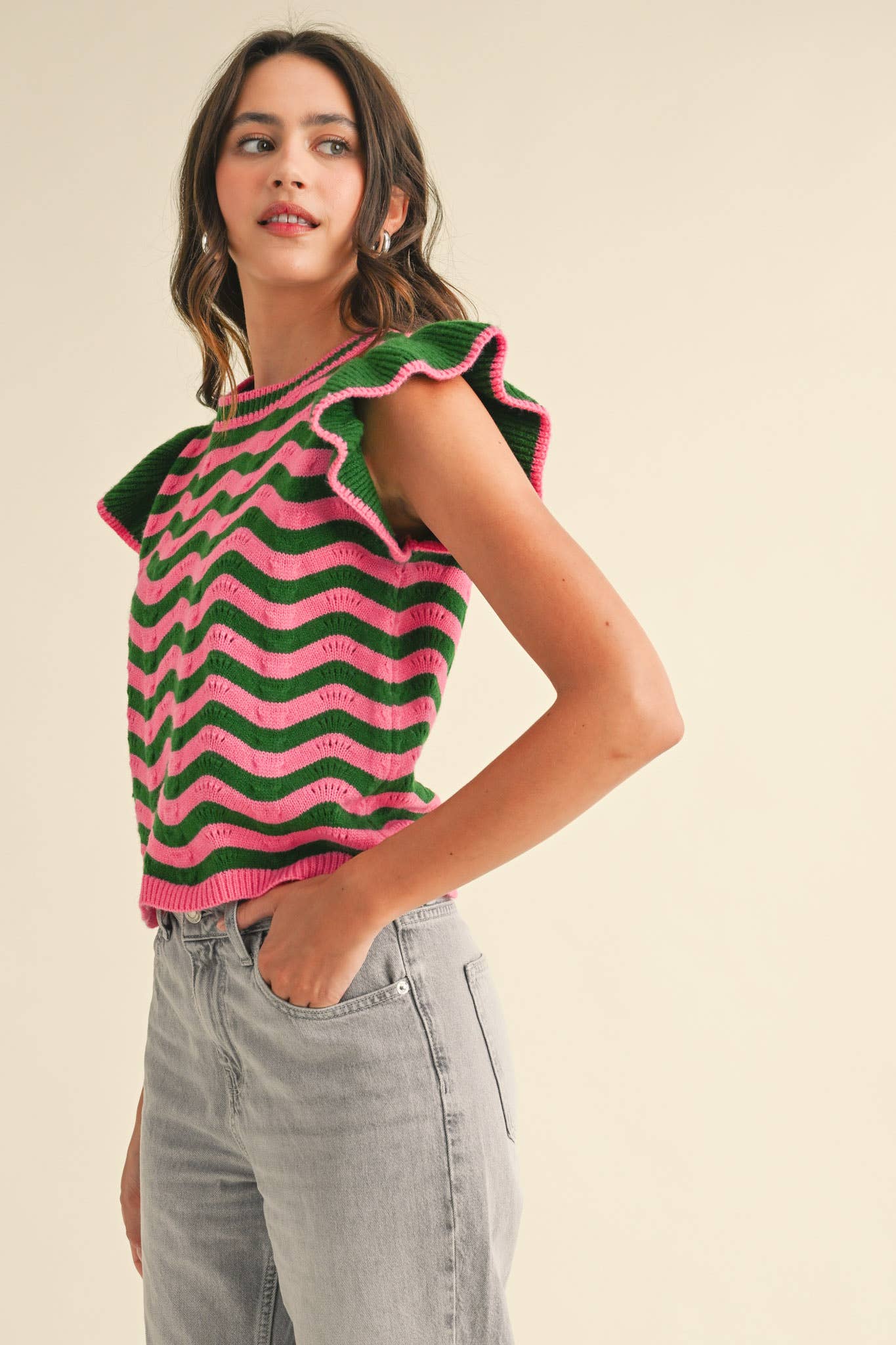 &MERCI - Wholesale Knit Sweater - Women's - WAVY STRIPES FLUTTER SLEEVE SWEATER TOP MSW1050936