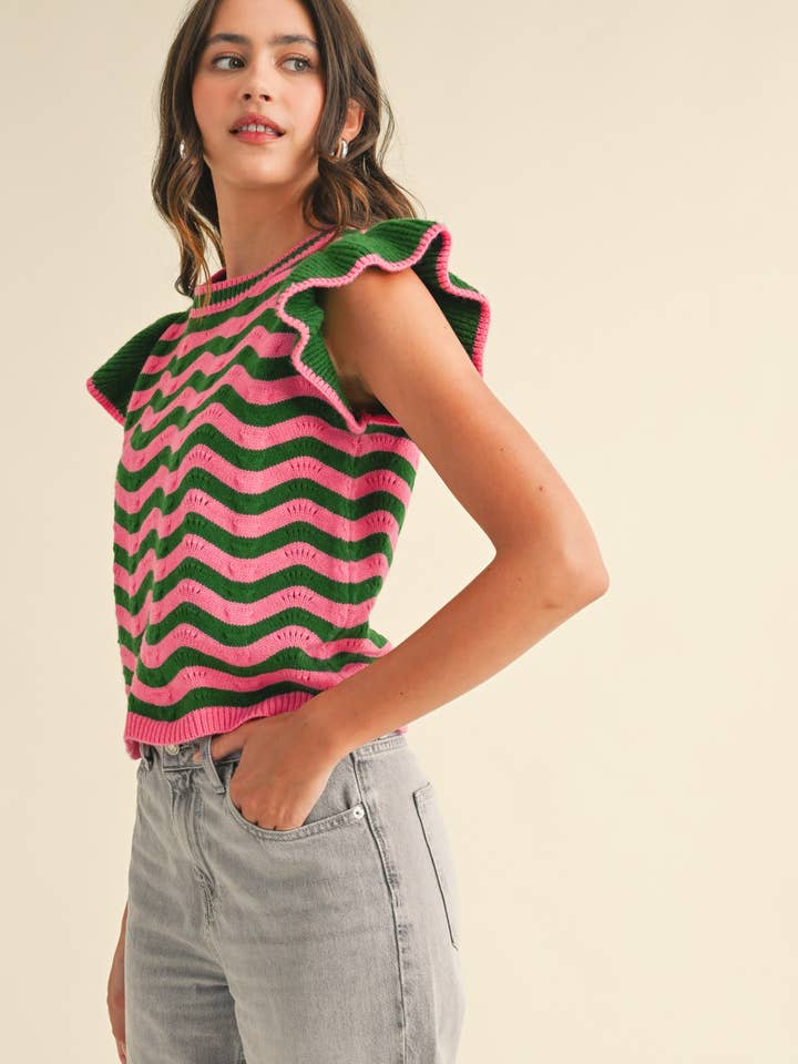 &MERCI - Wholesale Knit Sweater - Women's - WAVY STRIPES FLUTTER SLEEVE SWEATER TOP MSW1050936