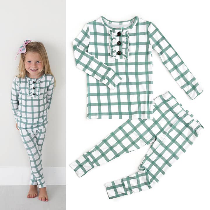 Gigi and Max – Engroshandel Pyjamasæt - Børn – Joy Green Plaid Ruffle 2P sæt bambus julepyjamas