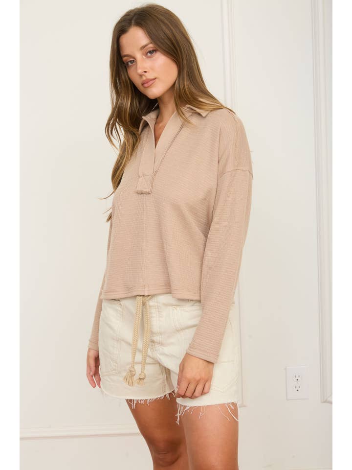 J.O.A - Wholesale Knit Top - Women's - EXPOSED SEAM LONG SLEEVE TEXTURED KNIT POLO22