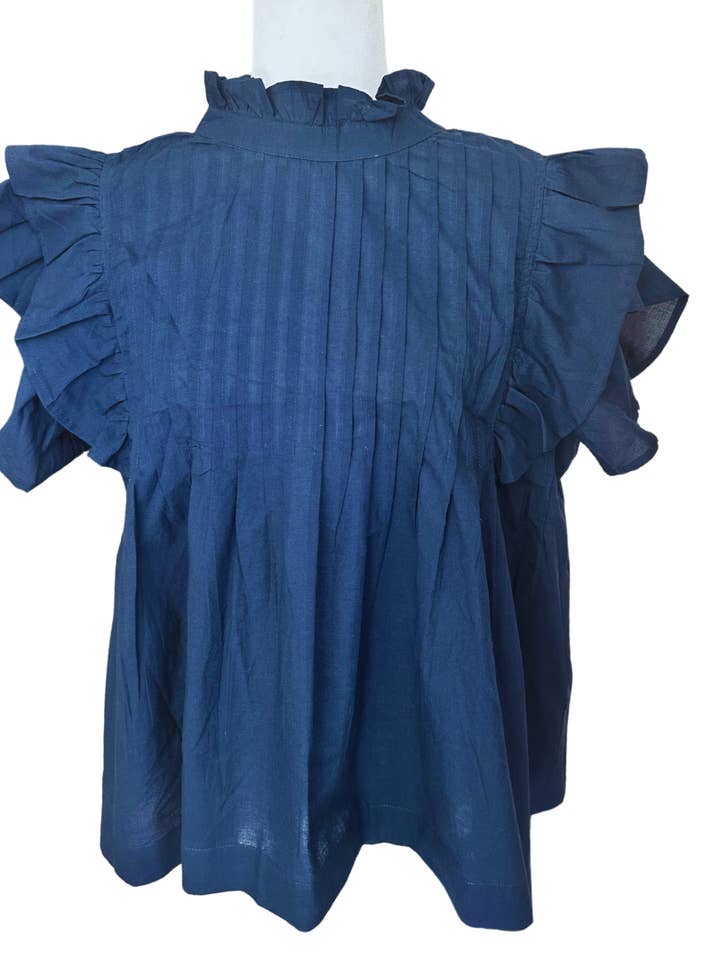 Marineblå blomster baby doll-bluse med rynker og flagrende ærmer for engroshandel hos Rena Lina