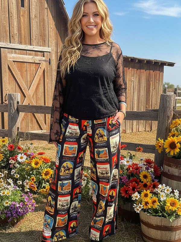 Western patterns wide legs high waist women pant XCH16858 for wholesale by luluclothes