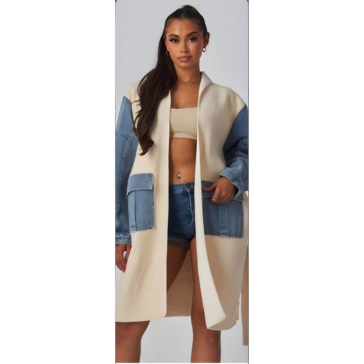 Black Pearl Clothing - Wholesale Cardigan - Women's - DENIM PANEL LONG KNIT CARDIGAN