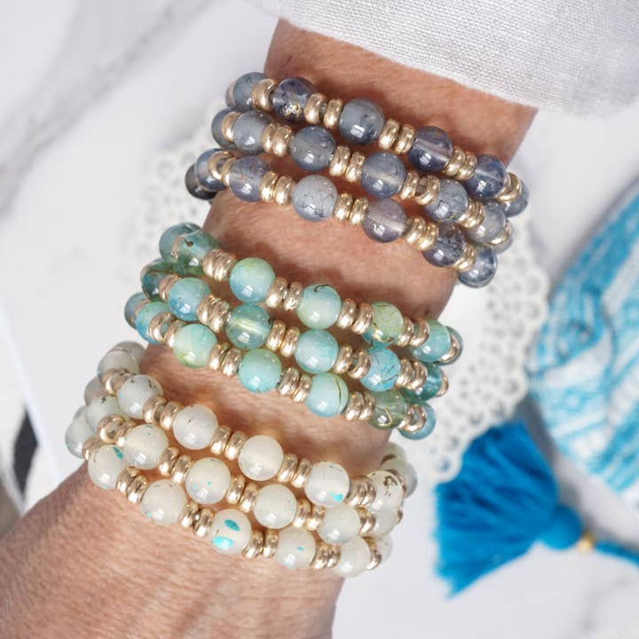 PennyLine inc - Wholesale Beaded Bracelet - Glass Beaded Bracelet Stack with Worn Gold Accents – Green, Cream, or Gray