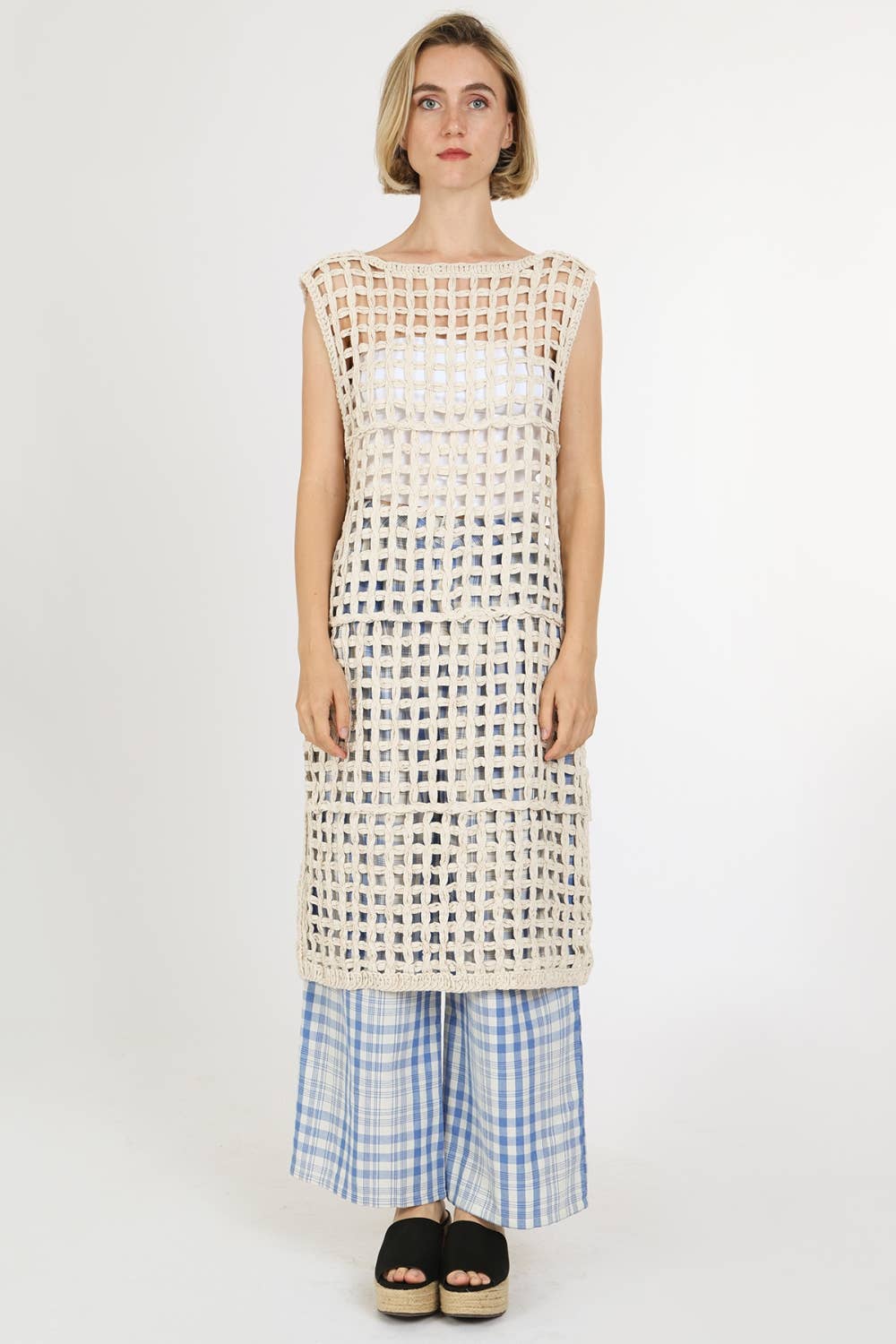 NATURAL Hollow Out Net Cable Knit Sleeveless Midi Dress QM3032 for wholesale on Faire2