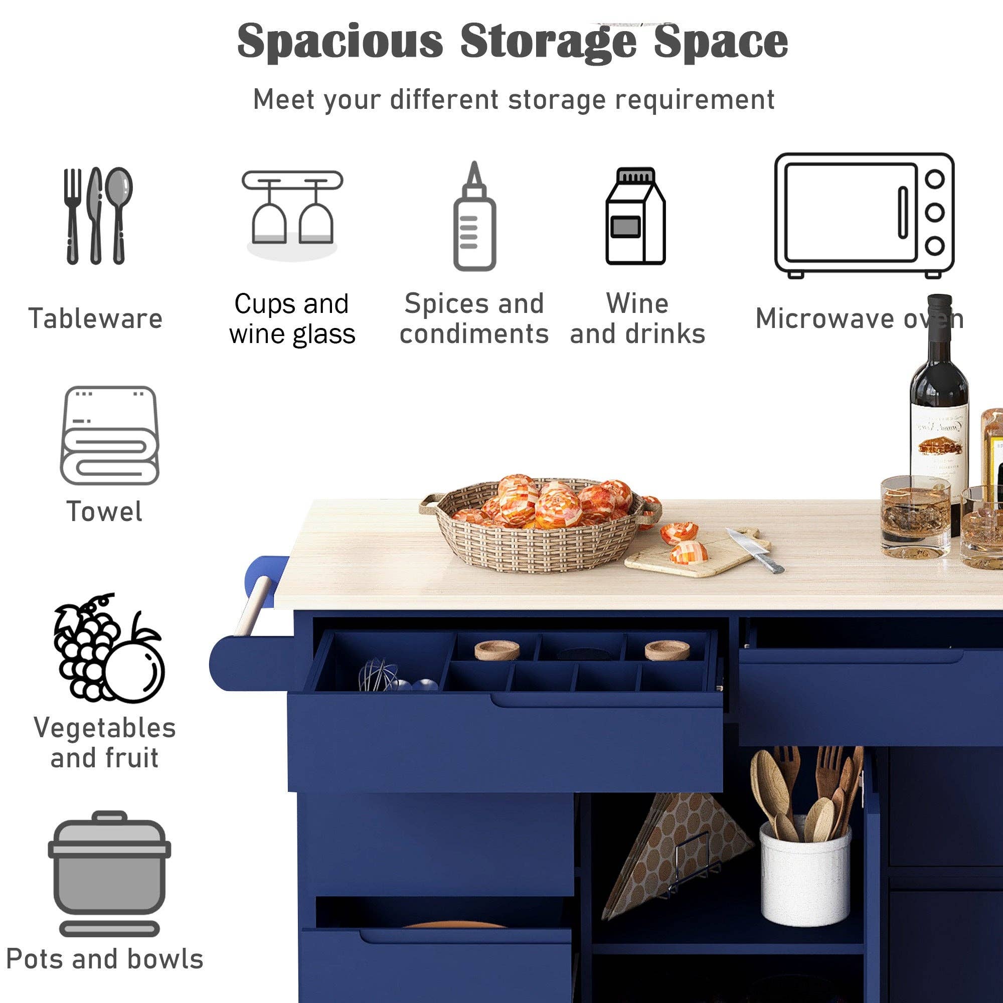 39F Inc. - Wholesale Kitchen Storage/Organizer - 53" Dark Blue Kitchen Island Cart with 8 Drawers & Wood 3