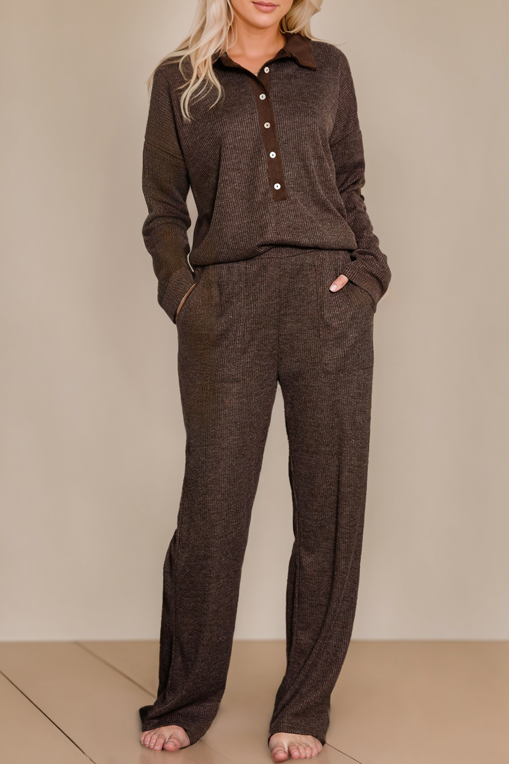 Brown Ribbed Knit Collared Henley Top and Pants Lounge Outfit for wholesale on Faire2