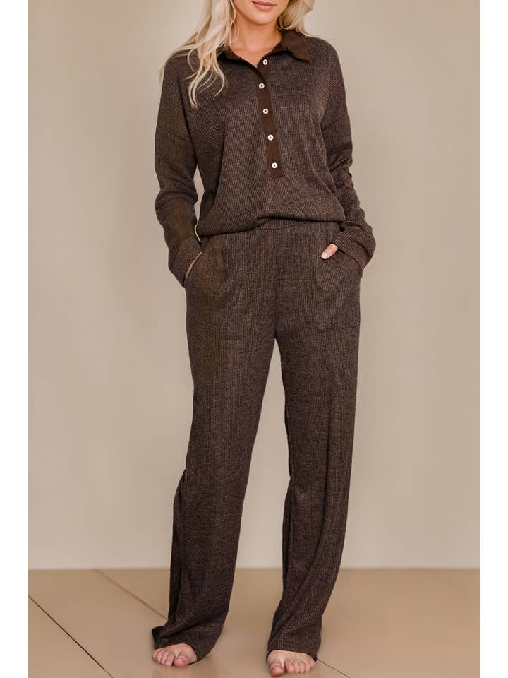 Brown Ribbed Knit Collared Henley Top and Pants Lounge Outfit for wholesale on Faire2