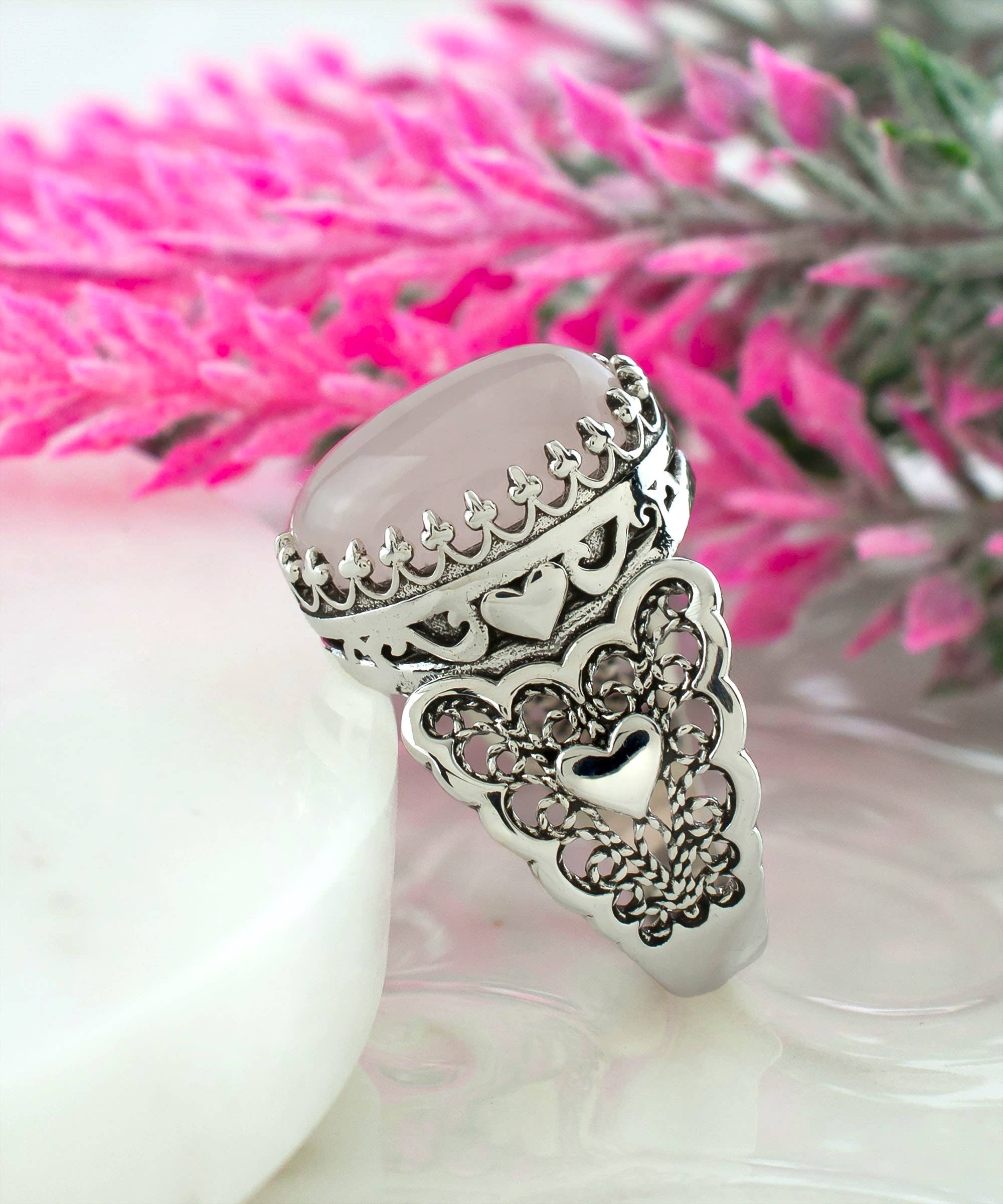 Filigranist Jewelry - Venta al por mayor Anillos grandes/de cóctel - Anillo de plata para mujer con doble corazón de cuarzo rosa.6