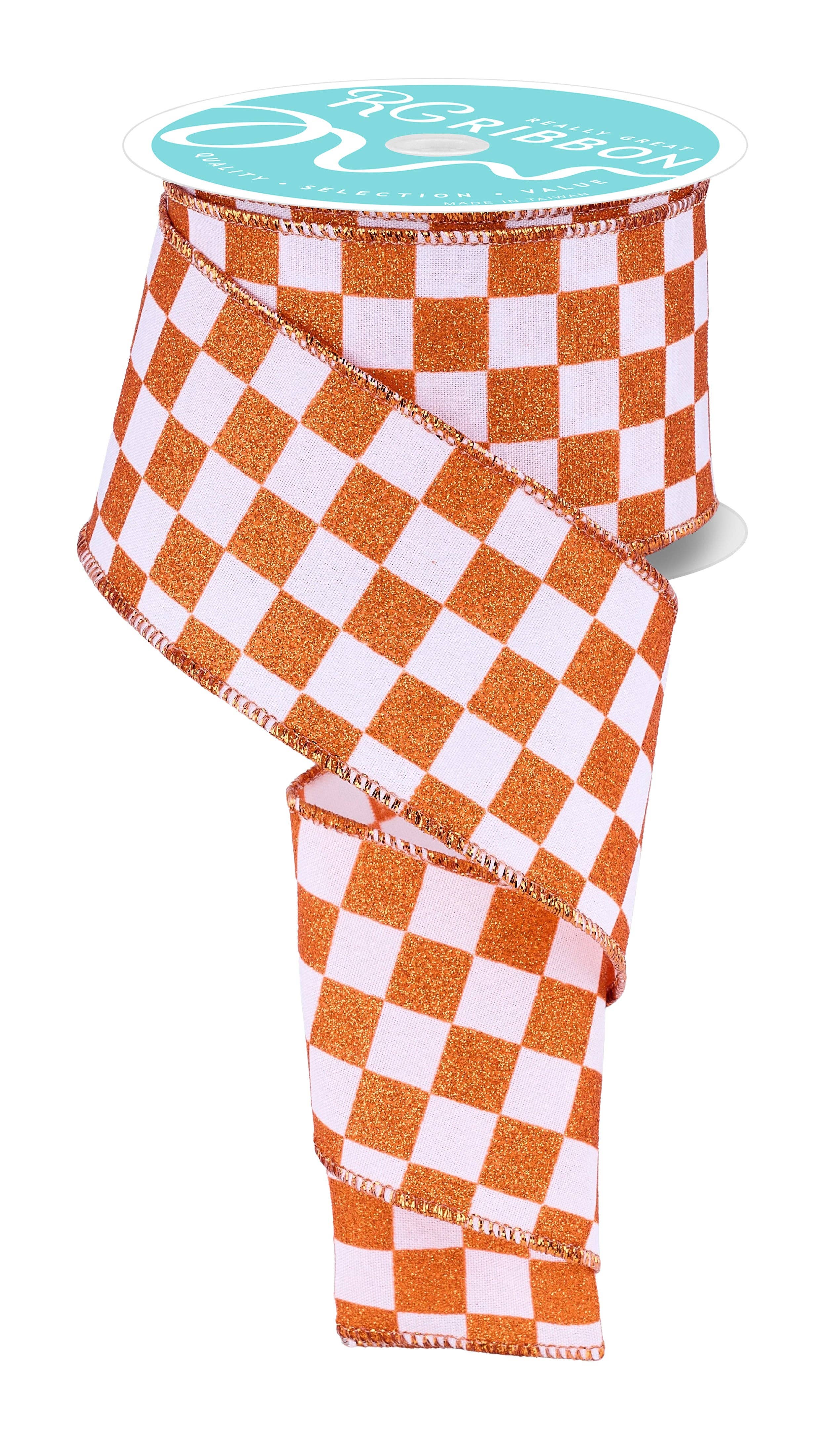 DecoExchange - Wholesale Ribbon - Gift Wrapping - 2.5"X10Yd Print Glitter Check White/Orange RGH10605W0