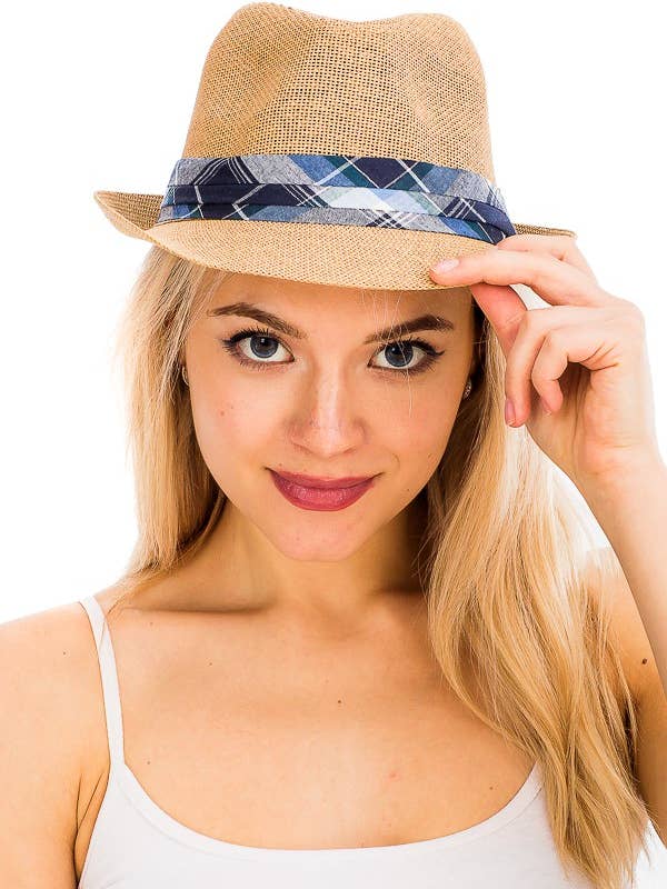 Modern Plaid Printed Band On Breathable Straw Fedora for wholesale by Cap Zone