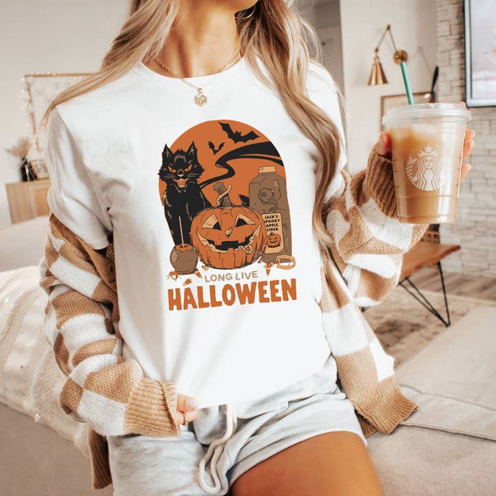 Long Live Halloween Shirt – Black Cat Pumpkin Cider Scene for wholesale by The Boho Haus