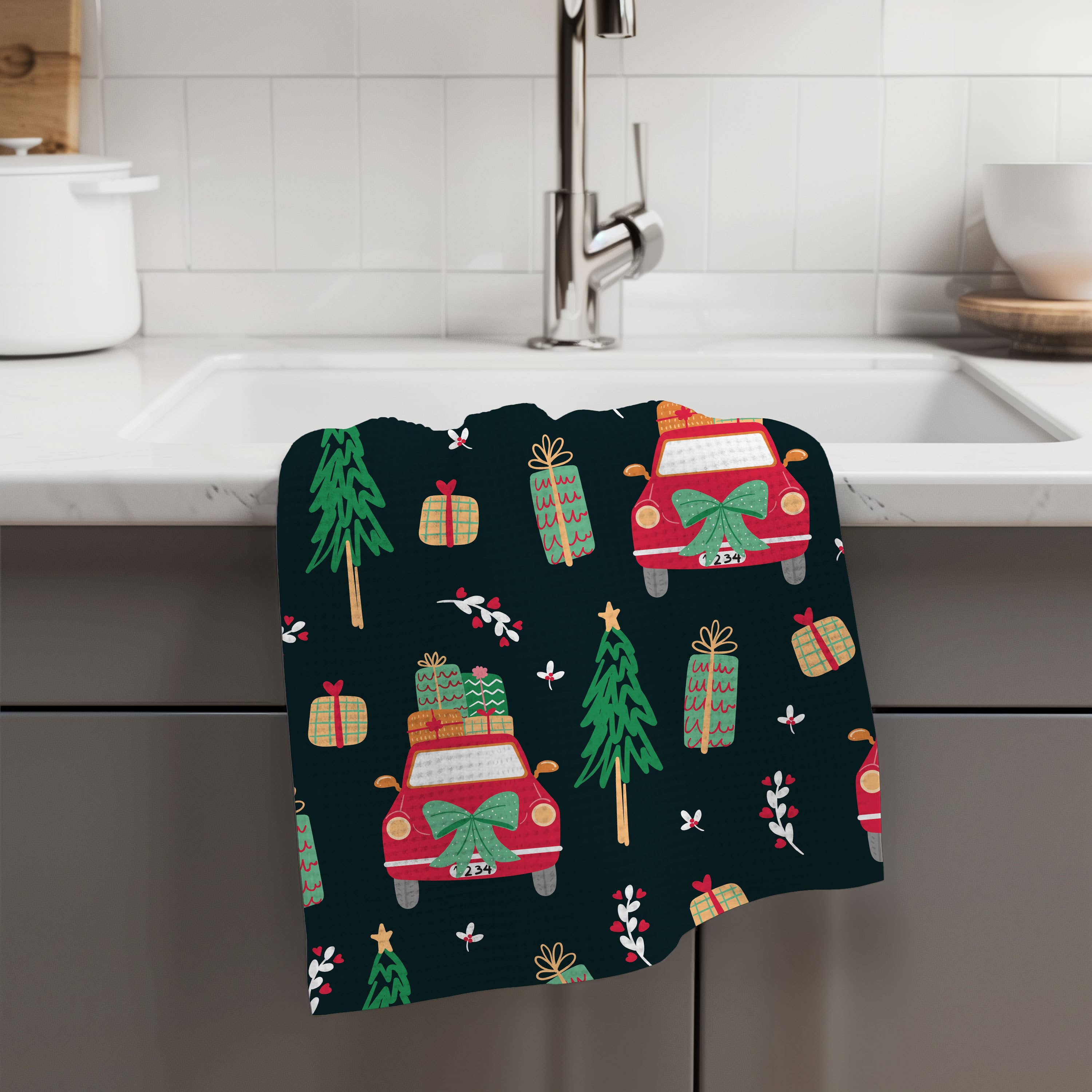 Canary Road - Wholesale Tea Towel - Christmas Navy Garland Kitchen Tea Towel Waffle Holiday1