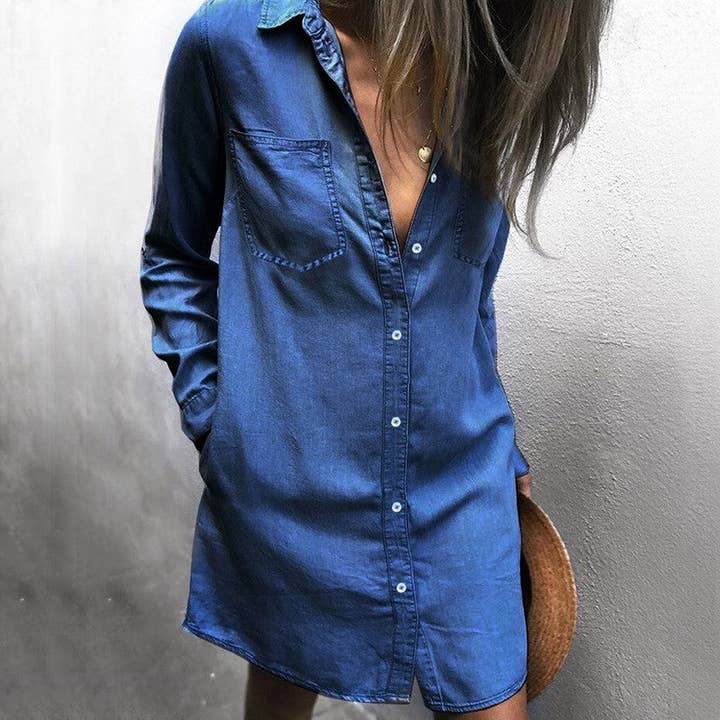 Ladies Button Down Shirt Denim Long Sleeve T-Shirt Dress for wholesale by ShieldChic