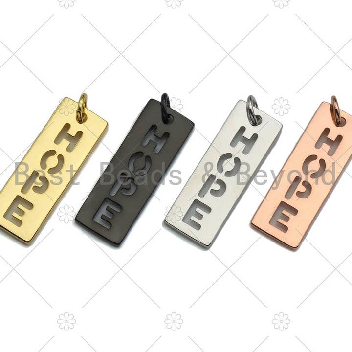 Ciondolo a barra HOPE scava fuori, oro/argento/oro rosa/ciondolo rettangolo nero con piastrina Hope, regalo gioielli fai da te, 10x29mm, Sku #ML04 per la vendita all'ingrosso da parte di BestBeads&Beyond