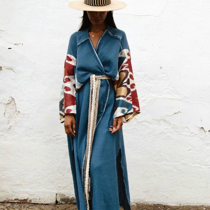 Silk Ikat Muslin Robe Indigo for wholesale by MIASETA