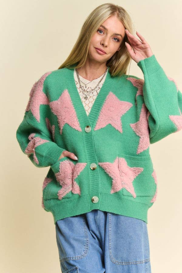 Davi & Dani - Wholesale Cardigan - Women's - FUZZY KNIT STAR LOOSE FIT BUTTON DOWN CARDIGAN4