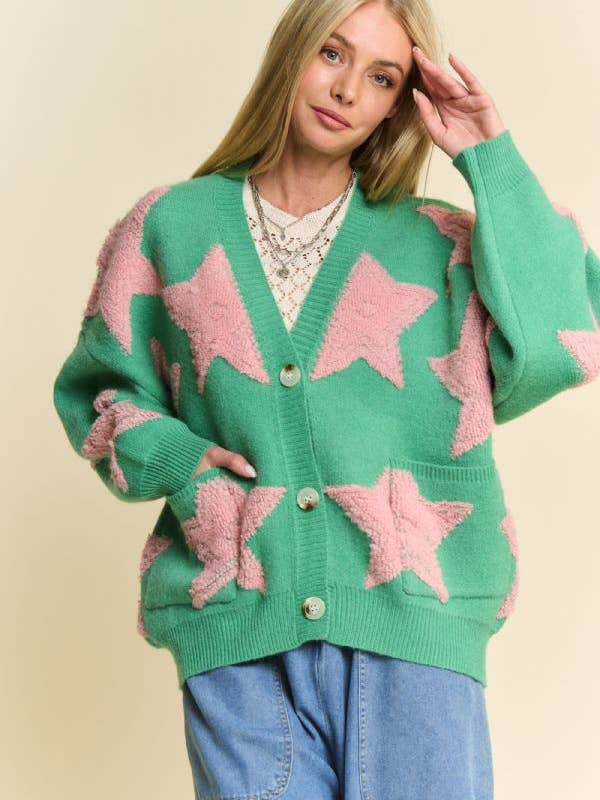 Davi & Dani - Wholesale Cardigan - Women's - FUZZY KNIT STAR LOOSE FIT BUTTON DOWN CARDIGAN4