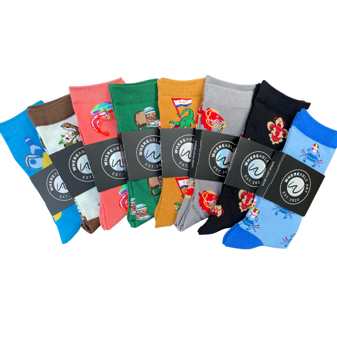 WHEREable Art, LLC – Engroshandel Strømper - Unisex – Louisiana sumpsokker languster med Fleur-De-Lis1