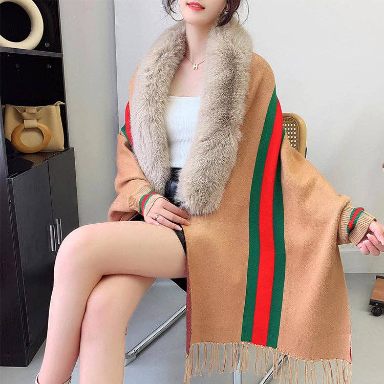 Ole - Wholesale Wrap - Women's - Striped Fur Collar Tassel Shawl S01845
