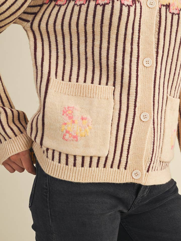 &MERCI - Wholesale Cardigan - Women's - STRIPED FLORAL SWEATER CARDIGAN MSW110584