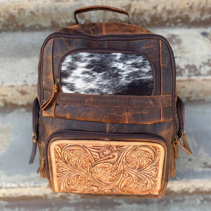 Western Linens - Wholesale Backpack - Women's - Rustic Cowhide & Tooled Floral Backpack