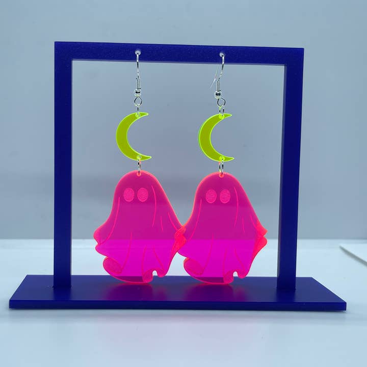 Spooky ghost fluorescent moon earrings for wholesale by Cherry Moonlight Co