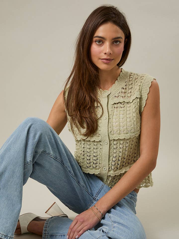 ROUND NECK SLEEVELESS BUTTON DOWN OPEN KNIT TOP for wholesale by Sunday Edition