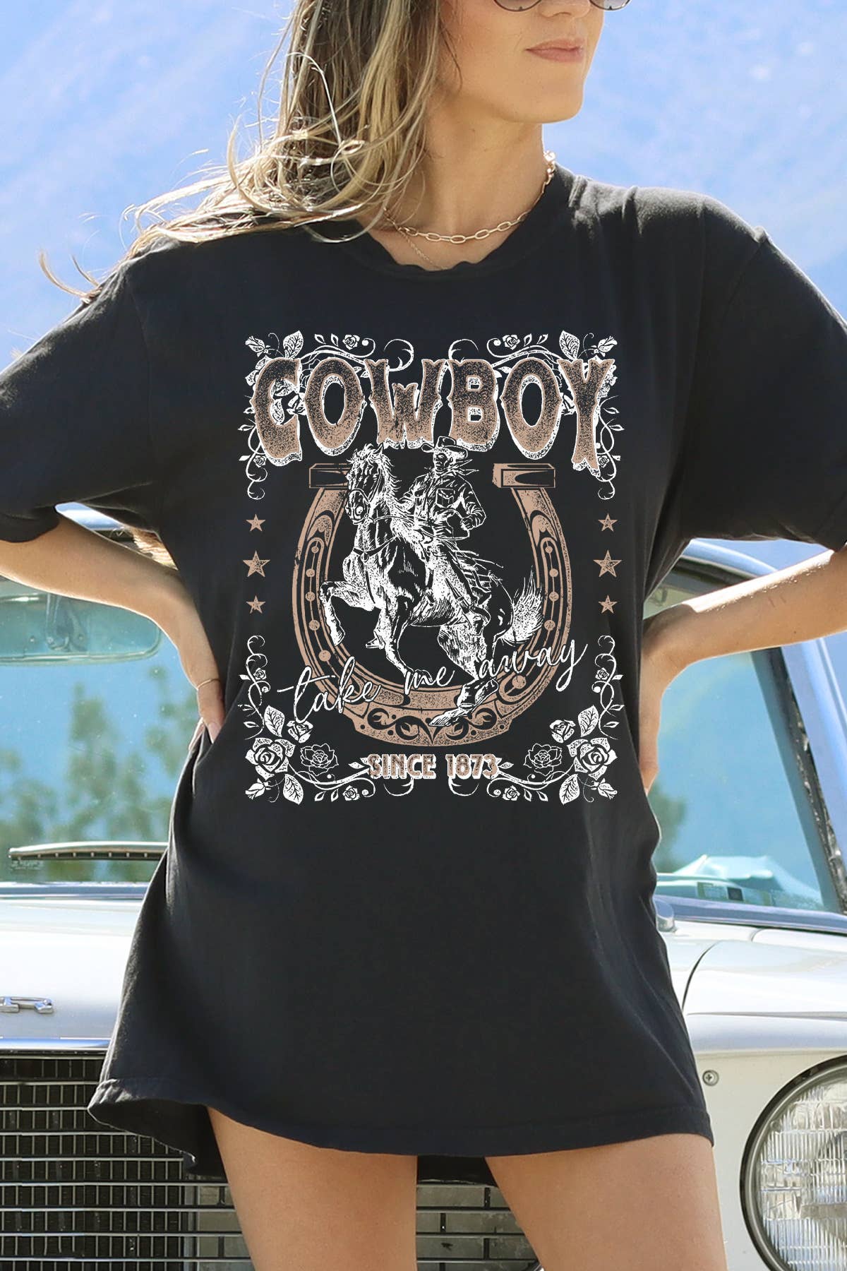 Amused by Blue - Wholesale Screen Printed T-Shirt - Women's - Women Cowboy Graphic Print Oversize Solid SS Top0