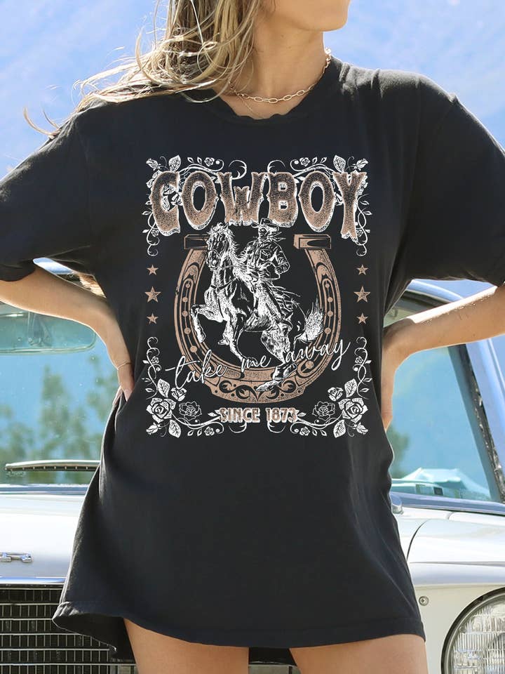 Amused by Blue - Wholesale Screen Printed T-Shirt - Women's - Women Cowboy Graphic Print Oversize Solid SS Top