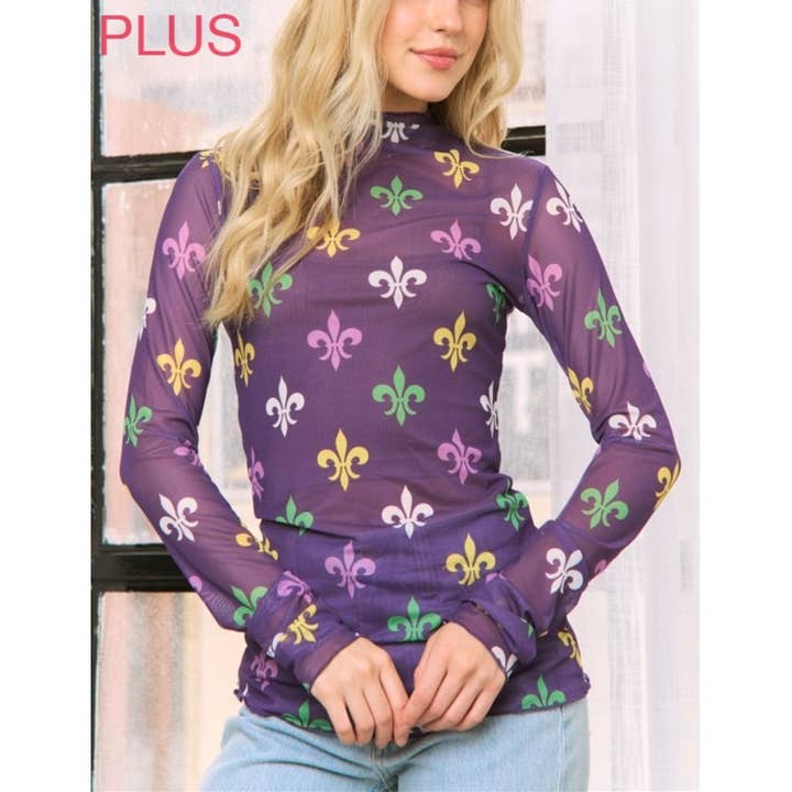 10458X Plus Size Mardi Gras Print Hihg Neckline Mesh Top for wholesale by Coloring You