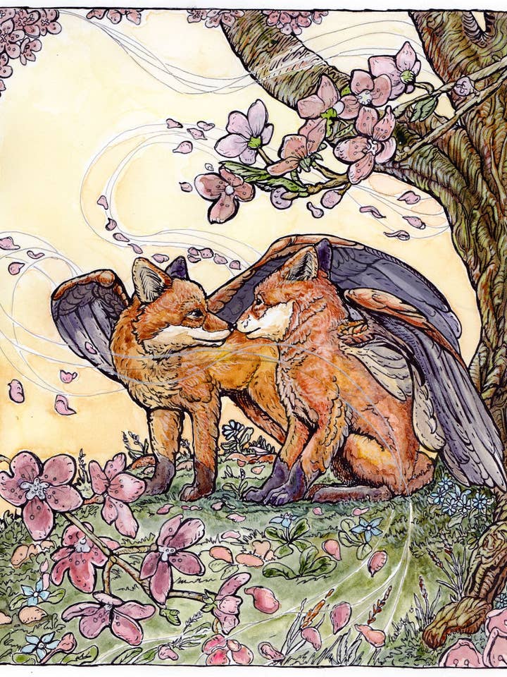 Vårens Sakura-blomning med fantasiflygande rävtryck - Viskning och vind, present för fantasifantast, fantasifull konstgåva för wholesale av Wings of Fantasy