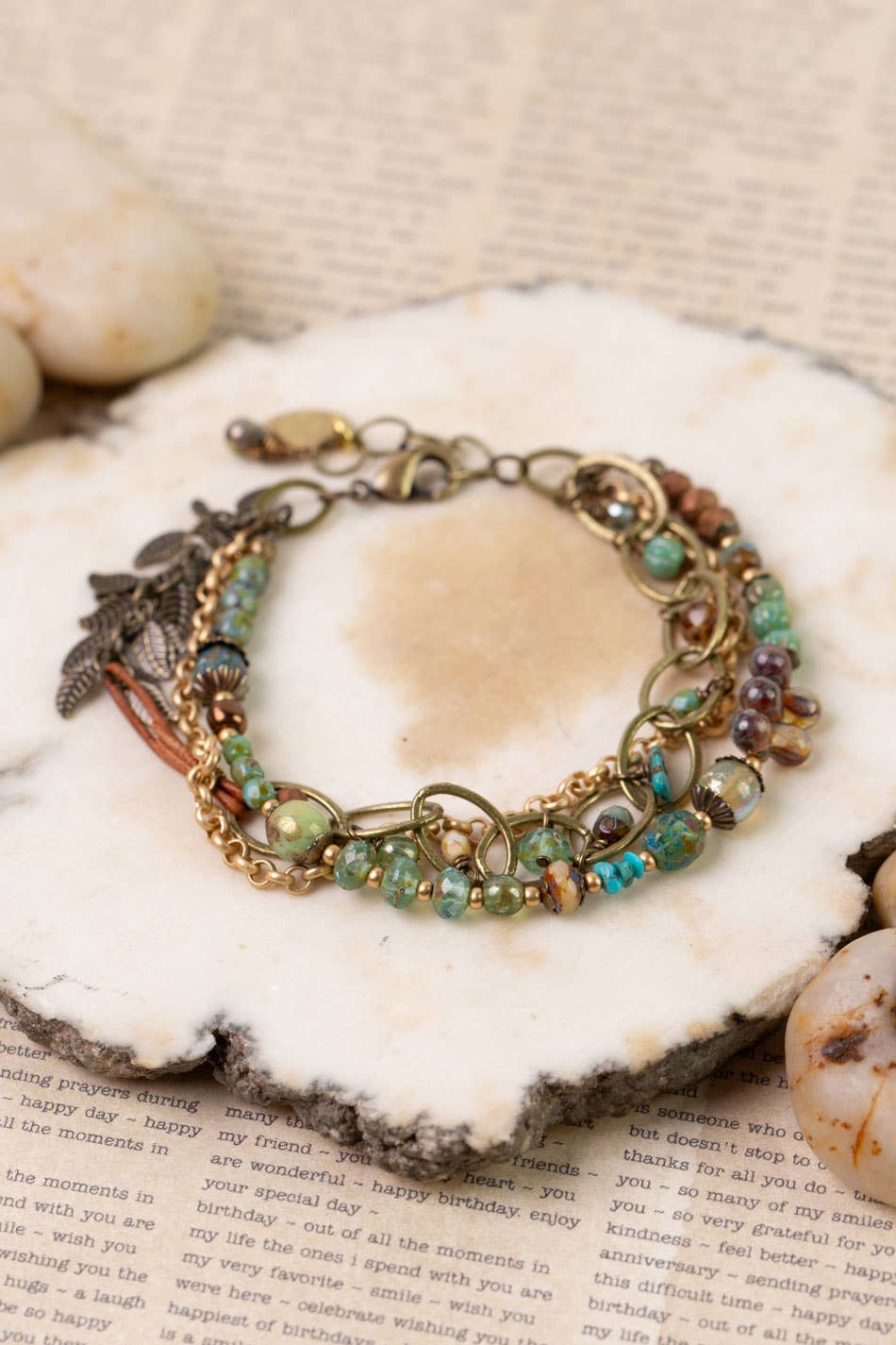 Anne Vaughan Designs Jewelry - Wholesale Beaded Bracelet - Rustic Creek 7.5-8.5" Czech Glass, Turquoise, Leather Multistrand Bracelet2