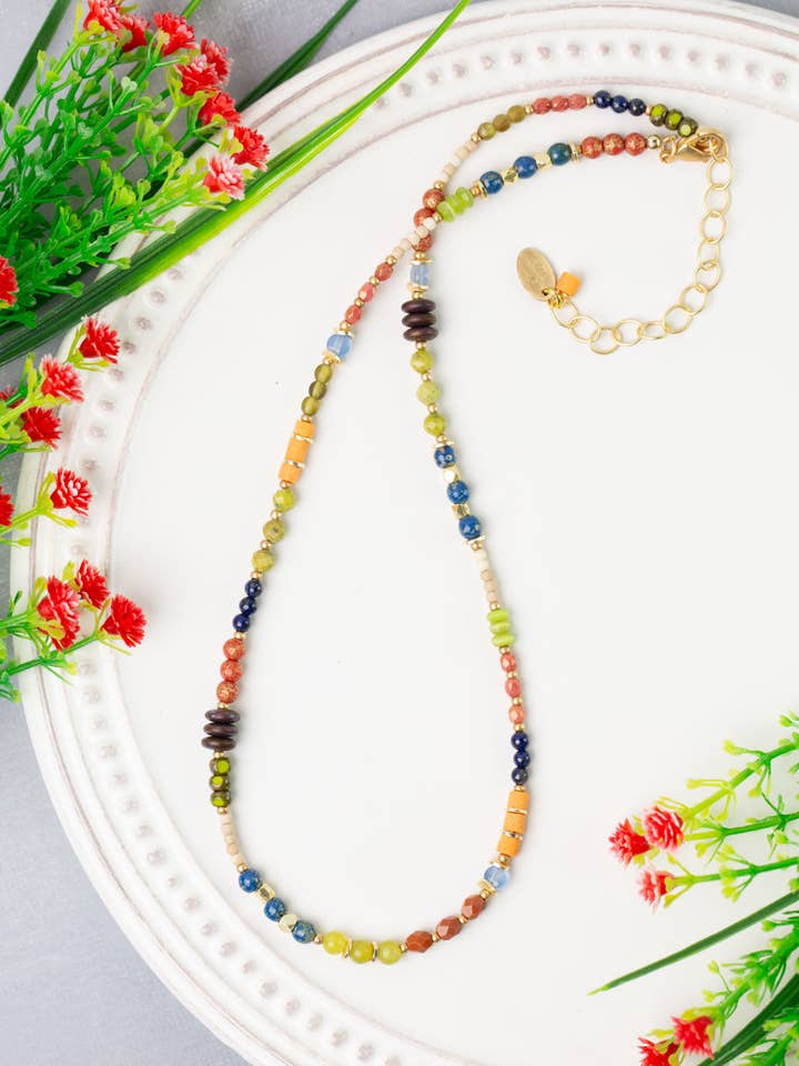 Prosperity 16.5-18.5" Czech Glass, Olive Jade, Yellow Turquoise Simple Necklace for wholesale by Anne Vaughan Designs Jewelry