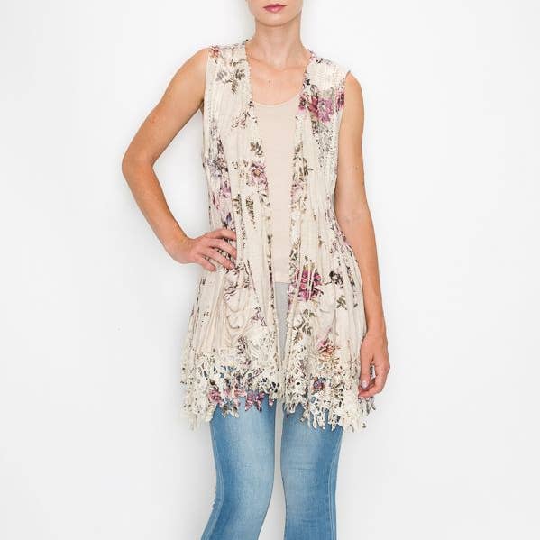 GILET AVEC POCHES ET GROSSE DENTELLE-4557 BG/C FL pour la vente par Origami Apparel ~ Lace and Crochet inspired