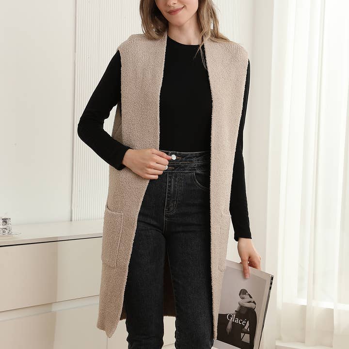 Solid Color Open Long Cozy Vest with Pockets for wholesale by Fashion City