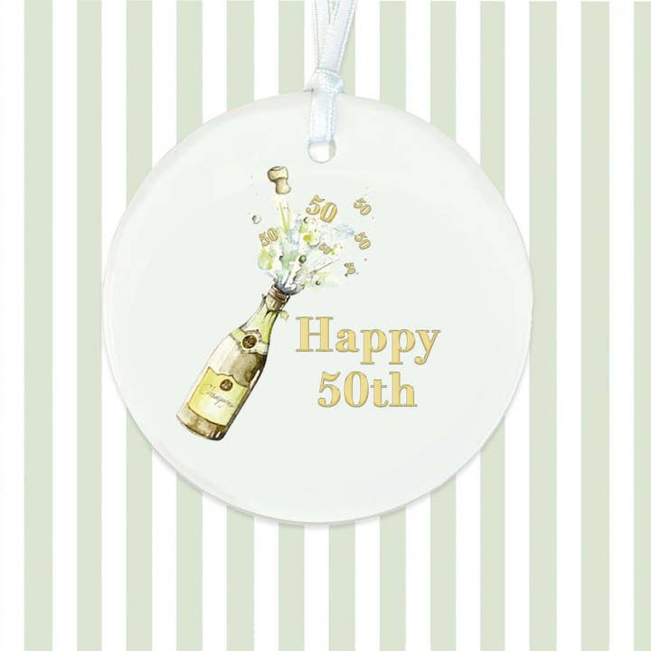 Hanging Ceramic Decoration Gift Champagne 50th Birthday Keepsake for wholesale by Crumble & Core
