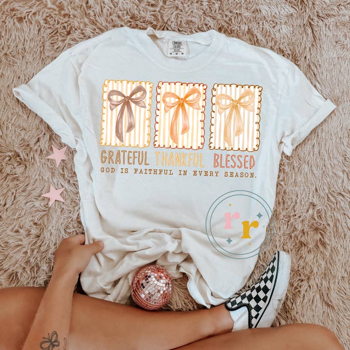 Thankful Grateful Blessed Coquette Graphic T-shirt for wholesale by Rebellious Rose LLC